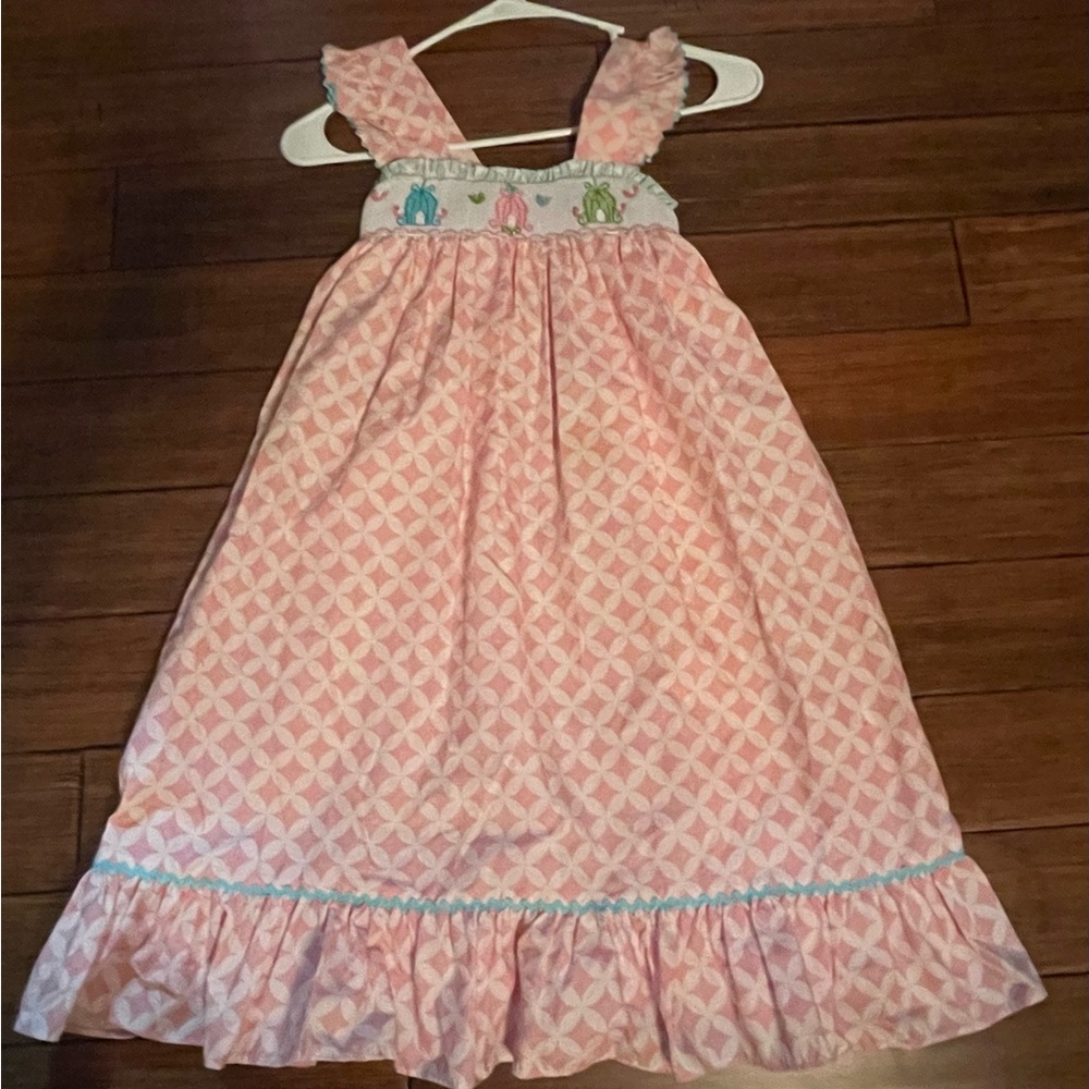 Shrimp & Grits Giles size 6 Pink Patterned Kids smocked bird cage Dress